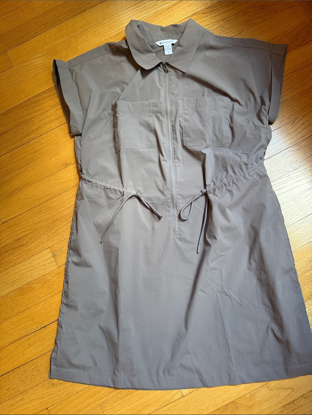 Athleta Taupe Short-Sleeve Zip-Front Drawstring Mini Dress